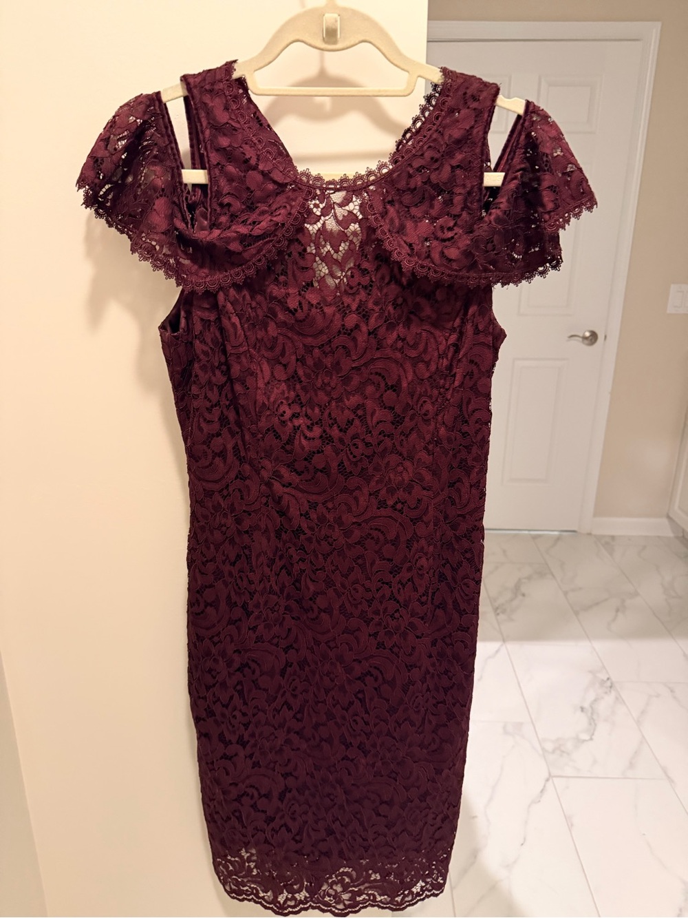 Whitehouse Black Market Burgundy Lace Cold-Shoulder Midi Dress